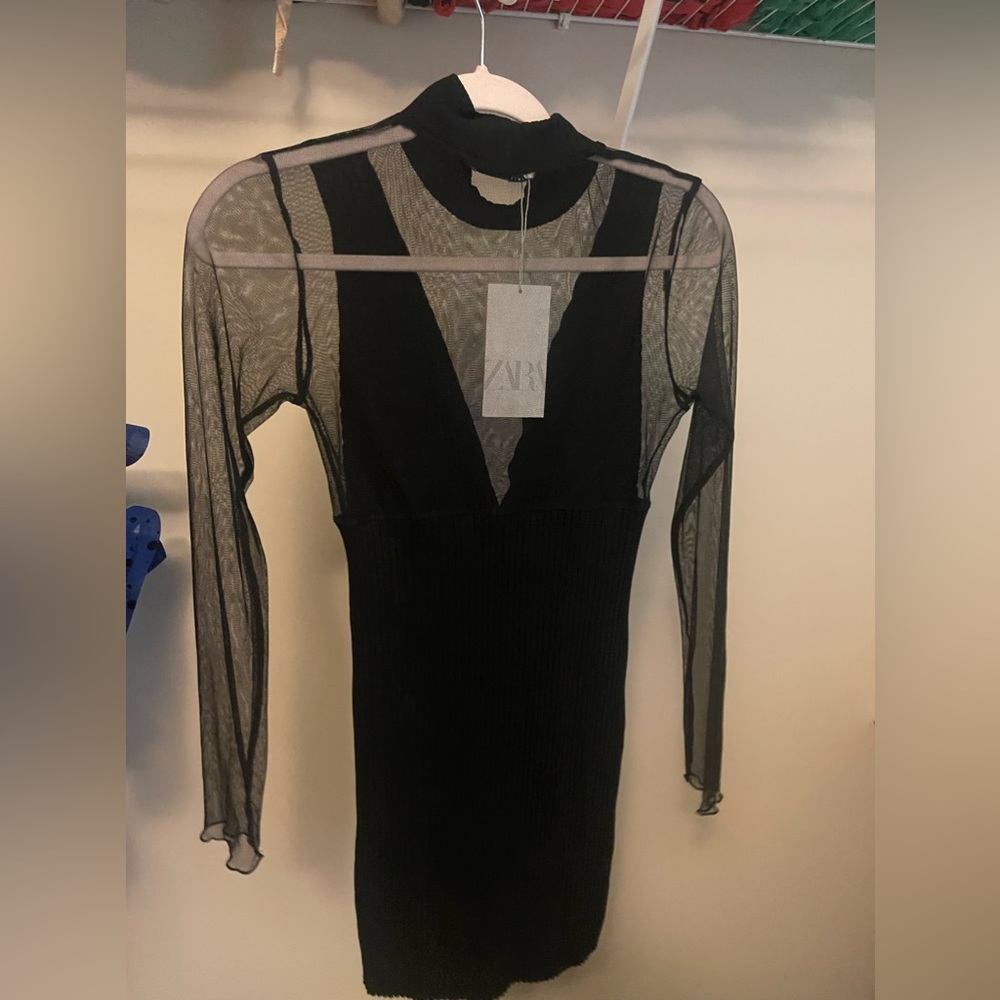 Brand New Zara black dress with sheer sleeves, size M. Original price $35.90